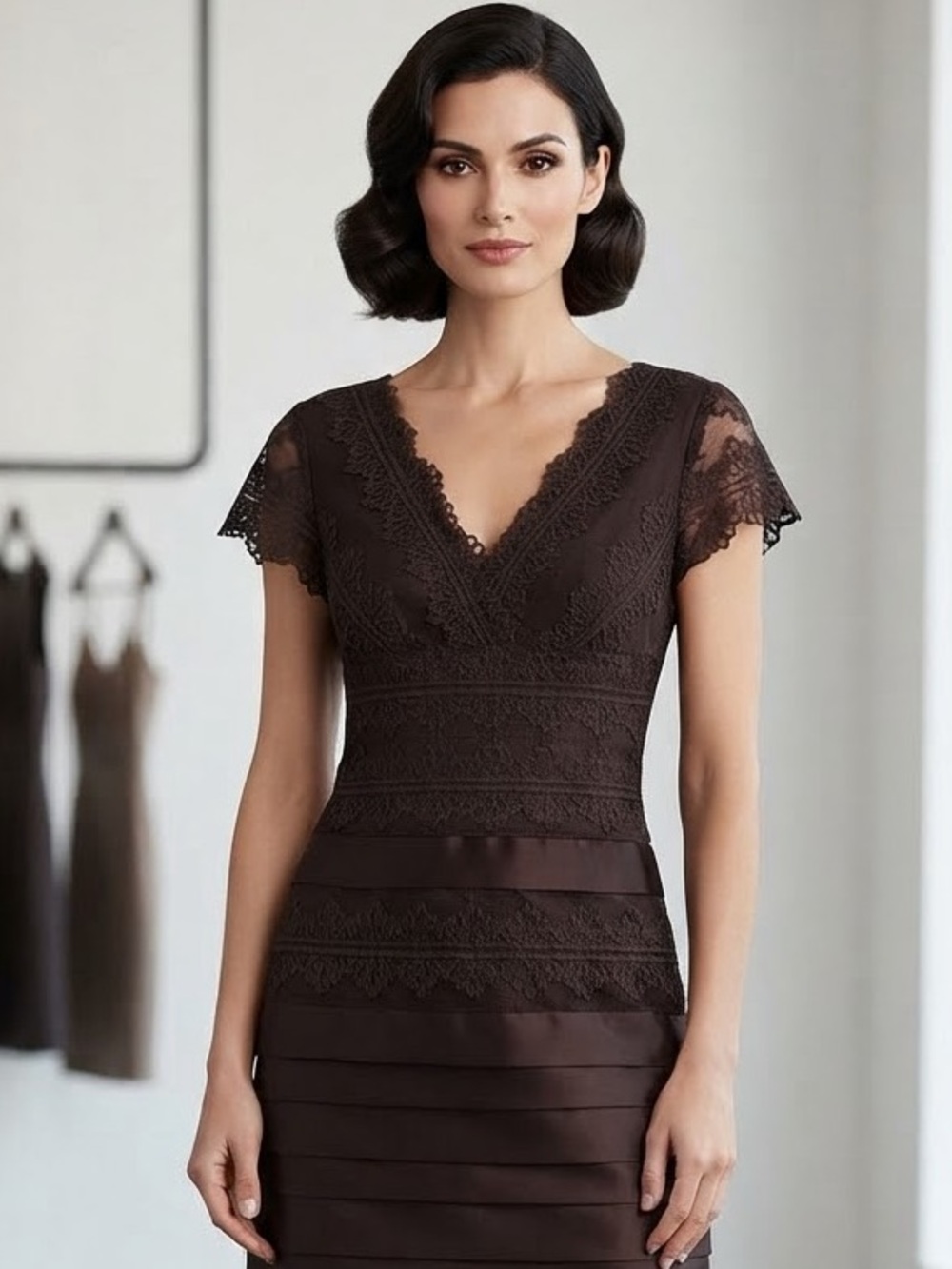 JS Collections Tiered Satin & Lace Sheath Cocktail Dress Mauve Brown 10